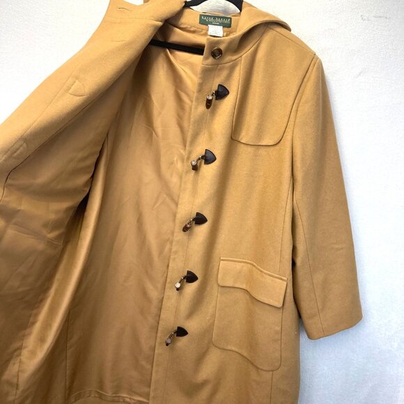 Vintage Harve Benard Wool Toggle Jacket Womens 26W Mid Length Tan Hood Pea Coat - Picture 5 of 16